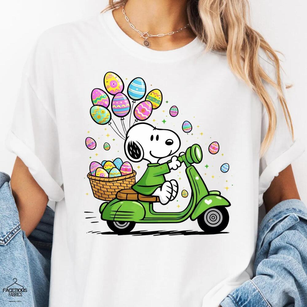 Easter Tee, Cute Dog Cartoon Bunny Scooter Tee,  Egg Balloons